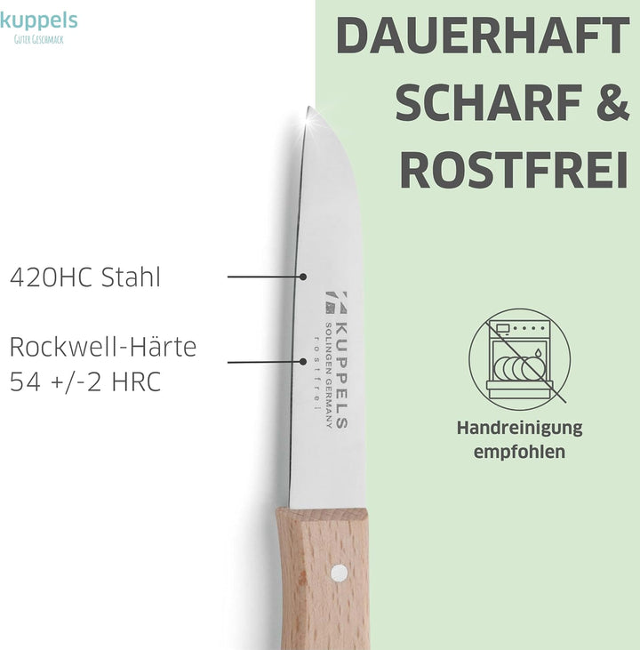Kuppels Küchenmesser Set 3-tlg., 420HC Stahl, Buchenholzgriff | Tourniermesser, Kartoffelschäler und