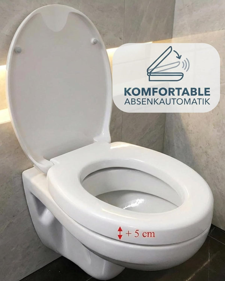 Novara Plus Duroplast WC Sitz Erhöhung 5 cm mit Absenkautomatik, bis 250 kg belastbar, bequem Sitzen