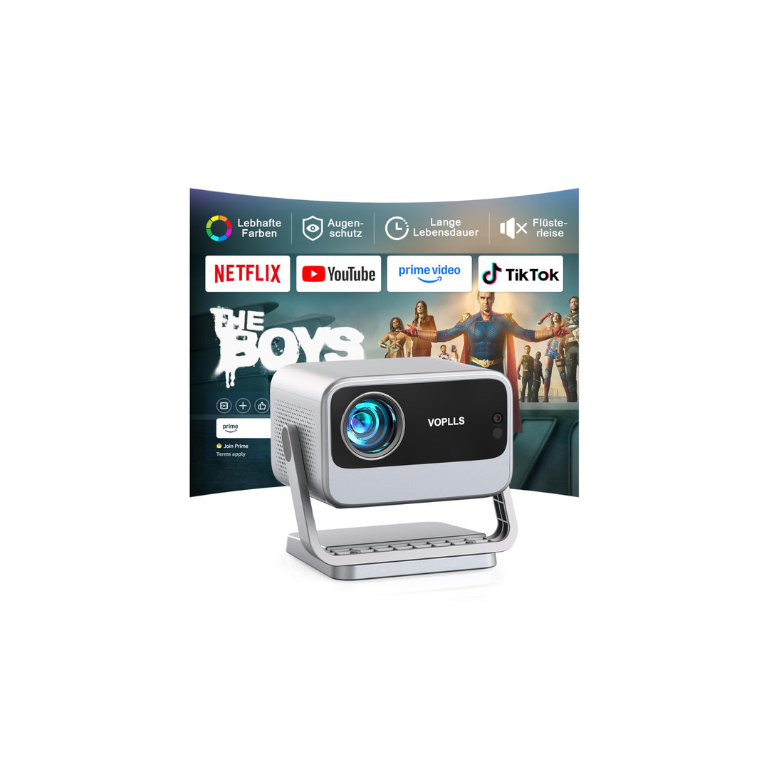 Smart Beamer【Netflix vorinstalliert & Dolby Audio】 VOPLLS Autofokus/Trapezkorrektur 40000 Lumen Beam