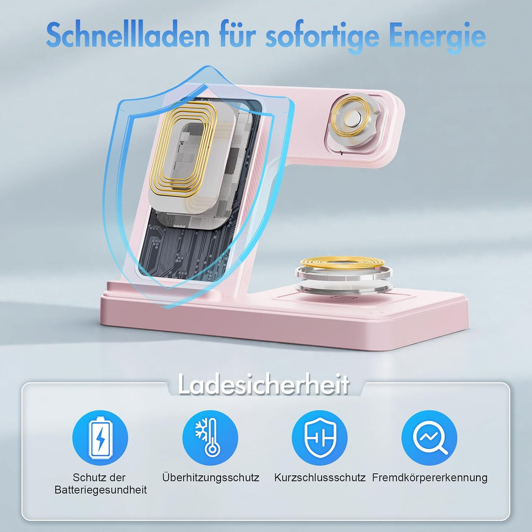 3 in 1 Ladestation Kabellos, 15W Induktive Schnellladegerät für iPhone A03 Rosa, A03 Rosa