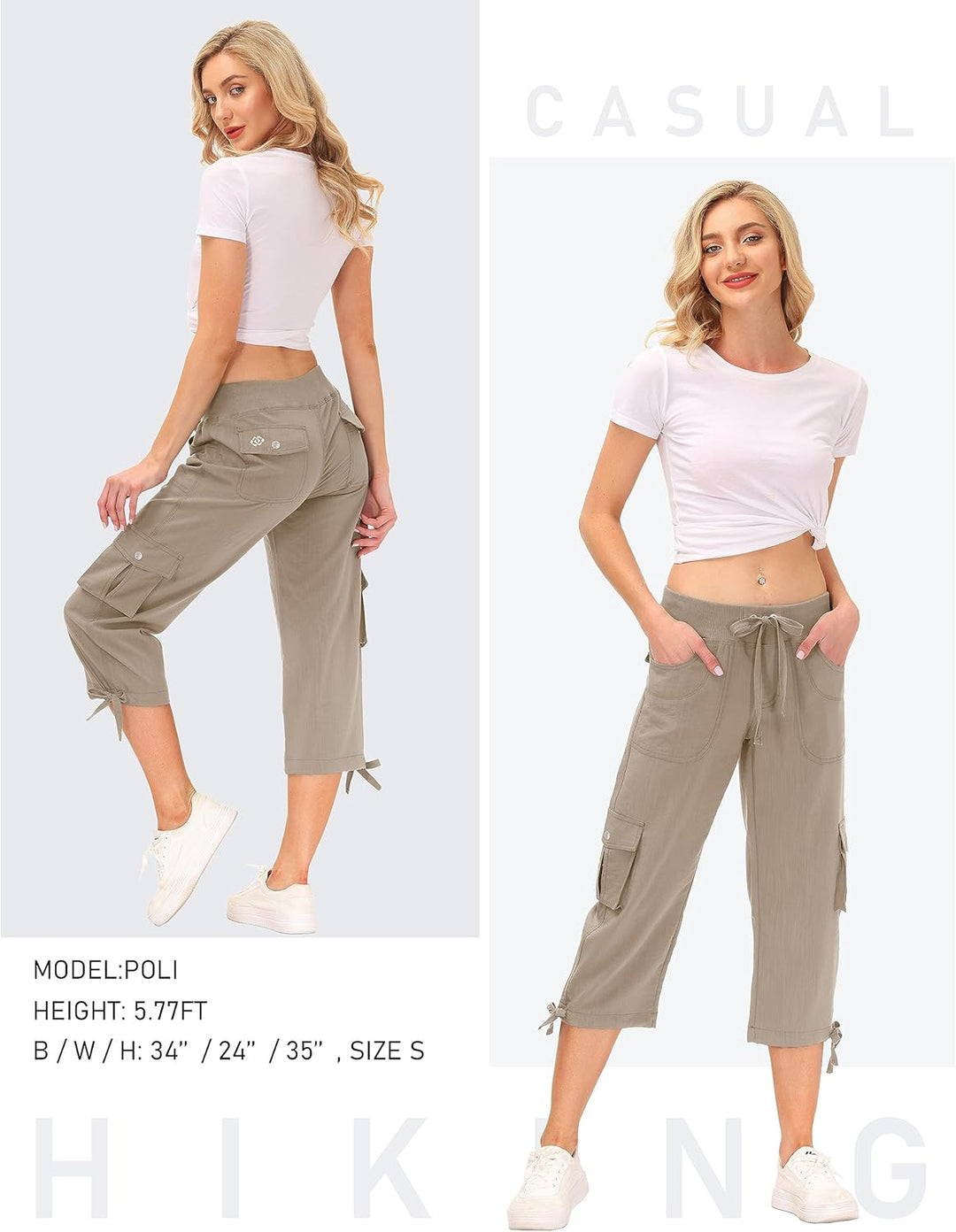 JINSHI Hosen Damen Sommer Cargohose 3/4 Hose Caprihose Wanderhose 6 Taschen | Leicht, Atmungsaktiv,M