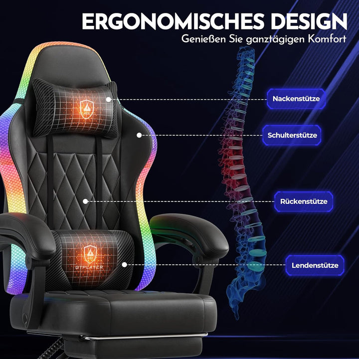 GTPLAYER Gaming Stuhl, Bürostuhl, Gaming Chair mit LED Lichtleiste, Gamer Stuhl, Rückenlehne mit Auf