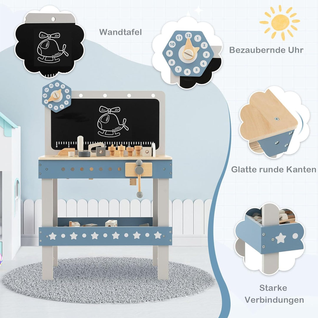 GOPLUS Kinder Werkzeugbank, Werkbank aus Holz mit Tafel, Uhr, Arbeitsplatte mit Steckplätzen & unter