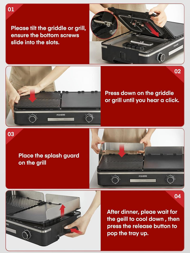 FOHERE Elektrogrill Tischgrill mit 2 Getrennt Regelbaren Grillplatten (Glatt & Gerillt), Extra gross