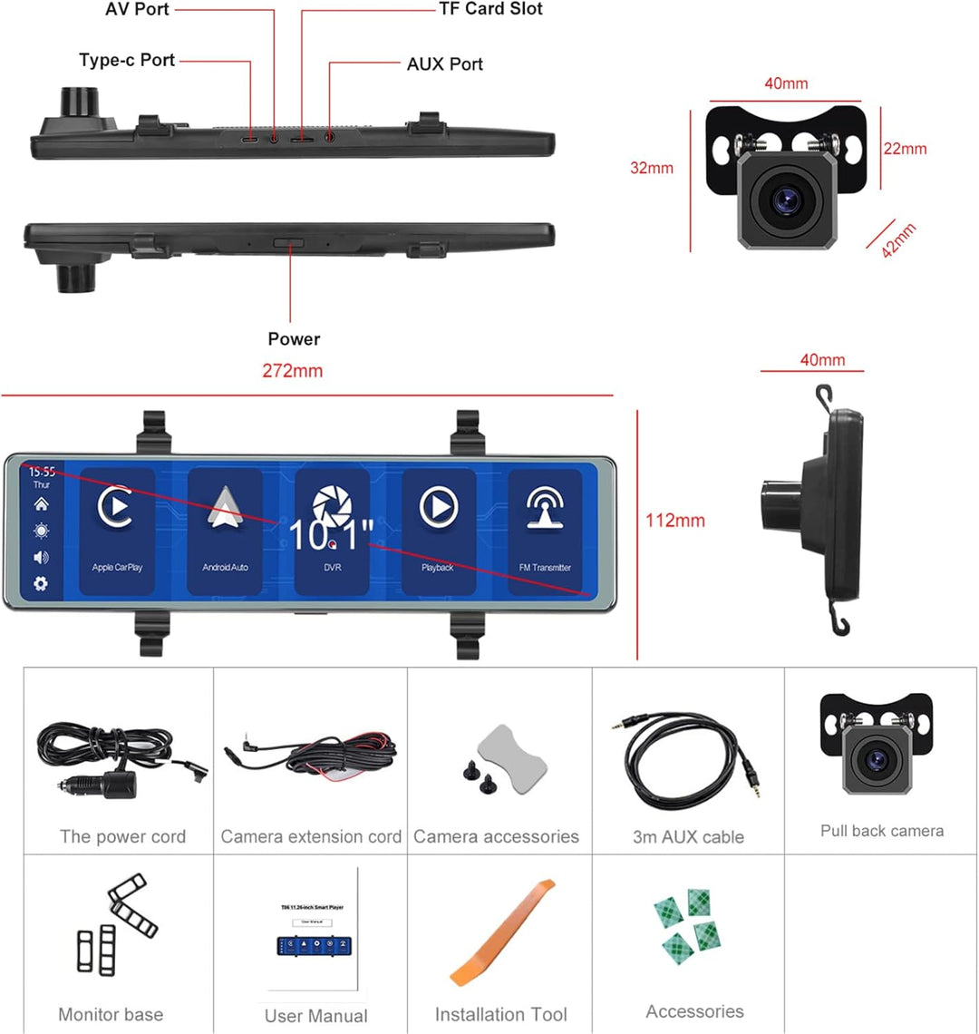 Hodozzy Kamera Auto Dash Cam Rückspiegel Carplay Wireless Android Auto, Bluetooth 11,26 Zoll Touchsc