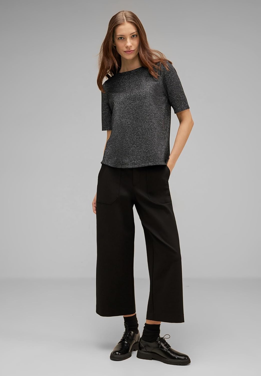 Street One Damen Glitzer Kurzarmshirt 36 Schwarz, 36 Schwarz