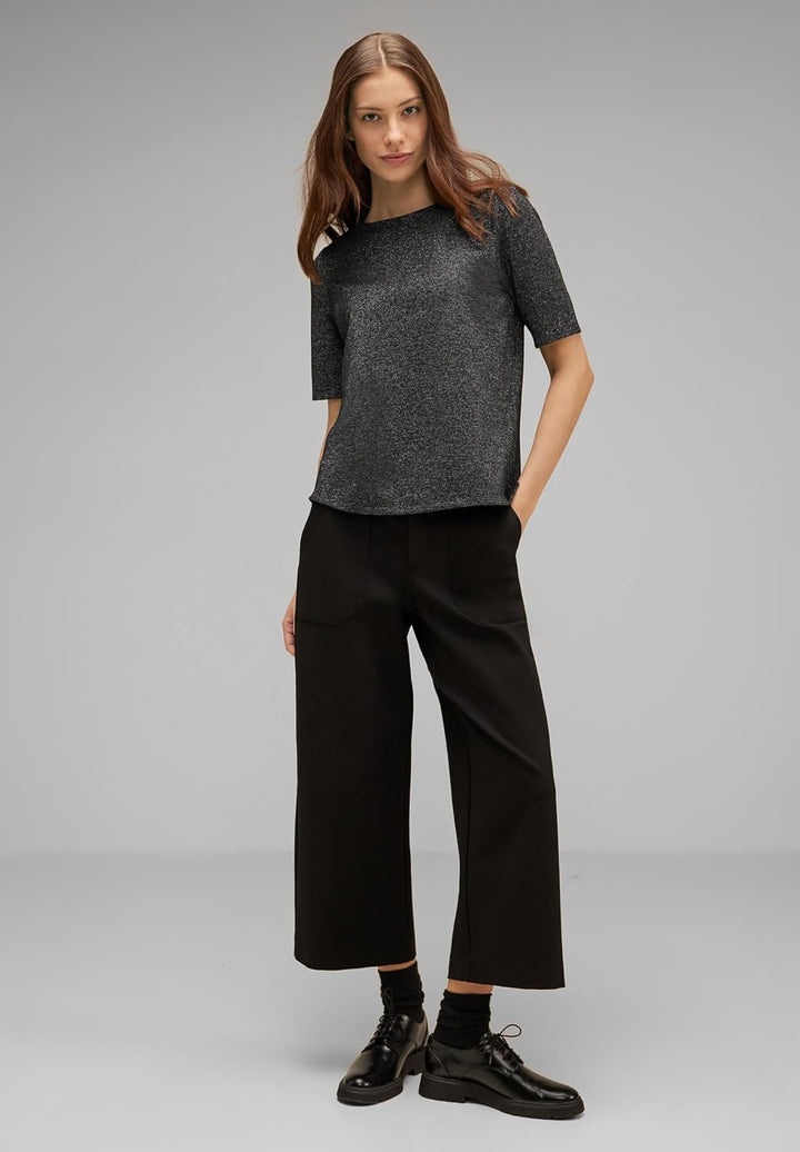 Street ONE Damen Glitzer Kurzarmshirt 38 Schwarz, 38 Schwarz