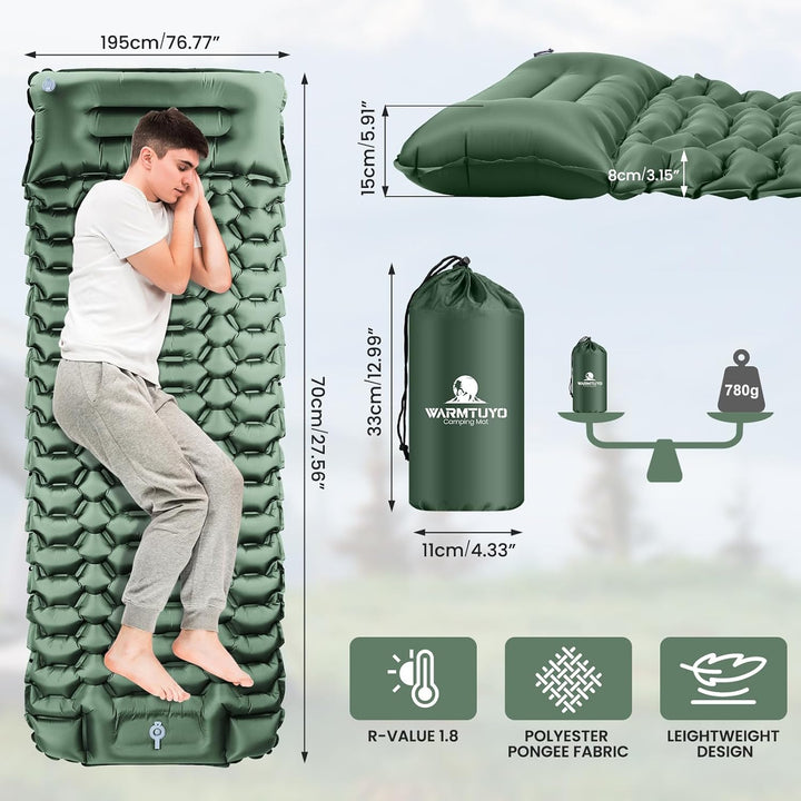 WARMTUYO Isomatte Camping, Ultraleicht Camping Aufblasbare Matratze mit Fusspresse Pumpe und Kopfkis