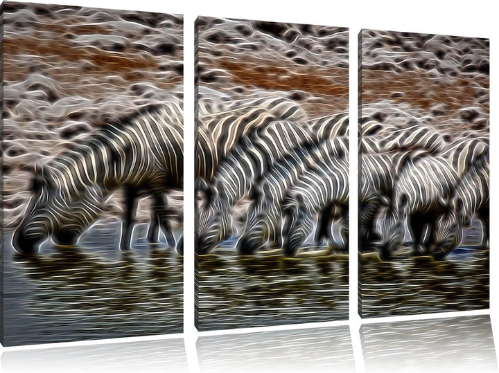 Zebraherde am Wasserloch NewArt 3-Teiler Leinwandbild 120x80 Bild auf Leinwand, XXL riesige Bilder f