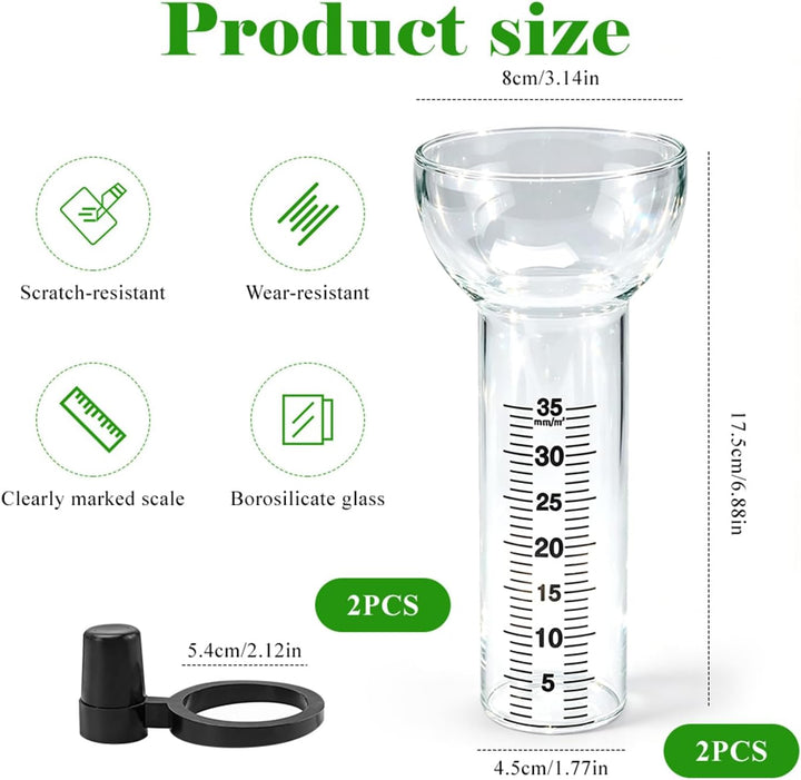 2 Stück Regenmesser Set für 1-35 mm Messungen, Regenmesser Ersatzglas mit Halterung, Outdoor-Regenme