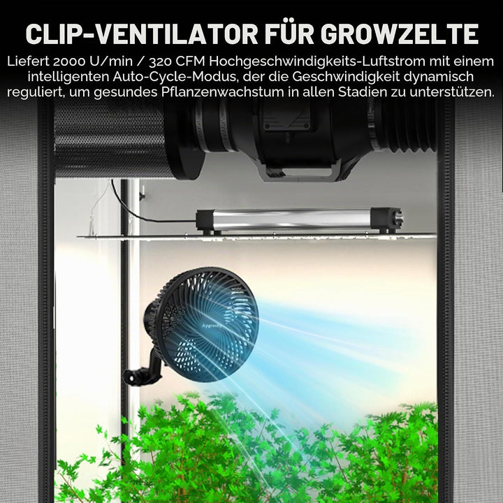 Aygrochy 9W Grow Ventilator mit Clip, EC-Motoren Grow lüfter mit 10-Geschwindigkeiten, IP-44 Schutza