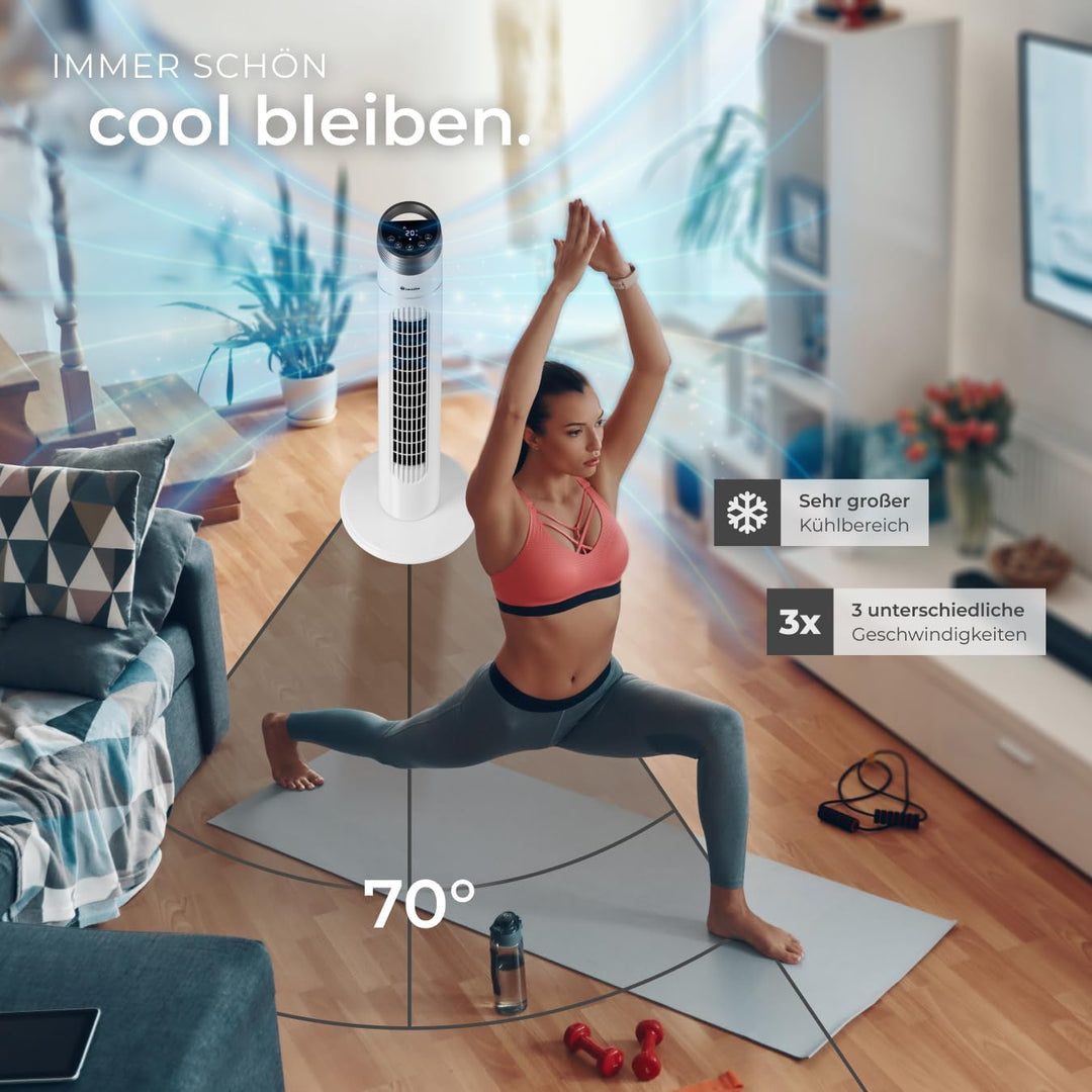 tectake 403922 Turmventilator mit Fernbedienung, 70 Grad Oszillation, 90 cm Höhe, leise, Säulenventi