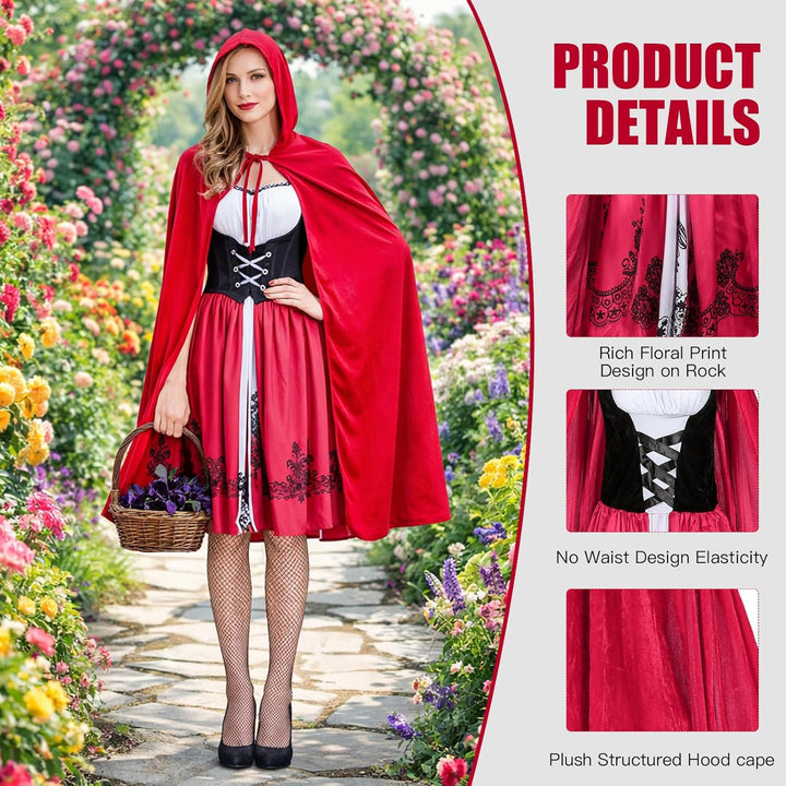 Rotkäppchen Kostüm Damen, Rotkäppchen Umhang mit Kleid und Schwarze Strümpfe, Märchen Kostüm Damen G