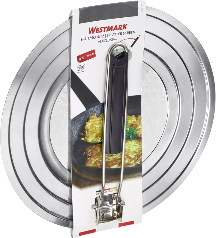 Westmark Spritzschutz, Für Töpfe und Pfannen mit Ø 20, 24 und 28 cm, Hitzeisolierter Griff, Rostfrei