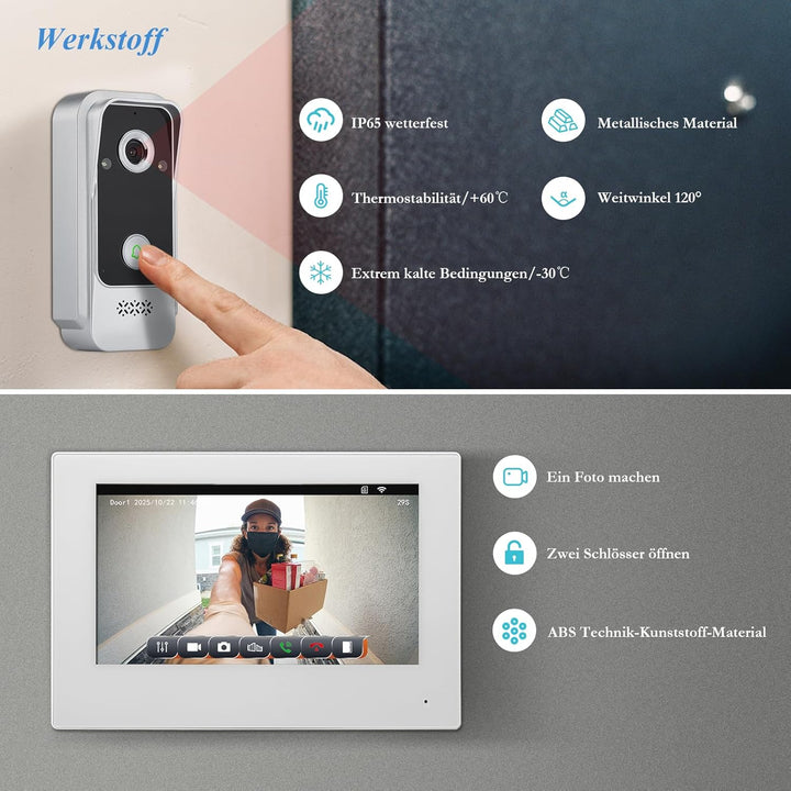 7“ kabelgebundenes Video-Türklingelsystem, 2MP Kamera, IP65 Wasserdicht, Nachtsicht, Tuya App Steuer