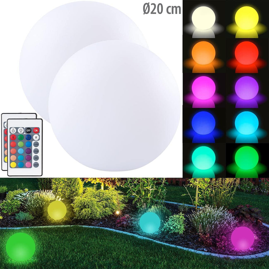 Lunartec Leuchtkugel LED: 2er-Set Akku-Leuchtkugeln für innen und aussen, Ø20 cm, IP54, RGBW-LED (St