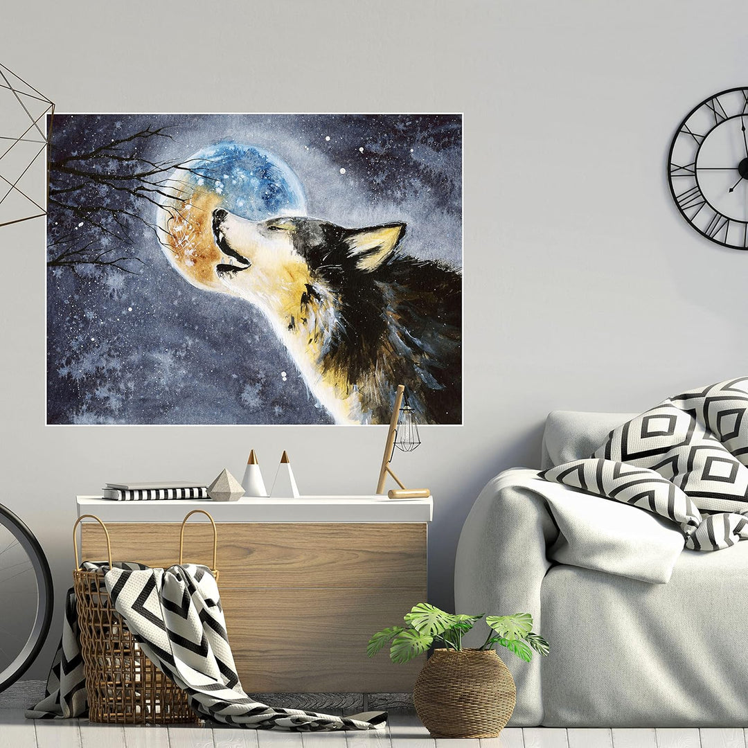 wandmotiv24 Poster als Wanddeko, Grösse 80x60cm, Heulender Wolf, Gemälde, Mond, Mitternacht, Tier, M