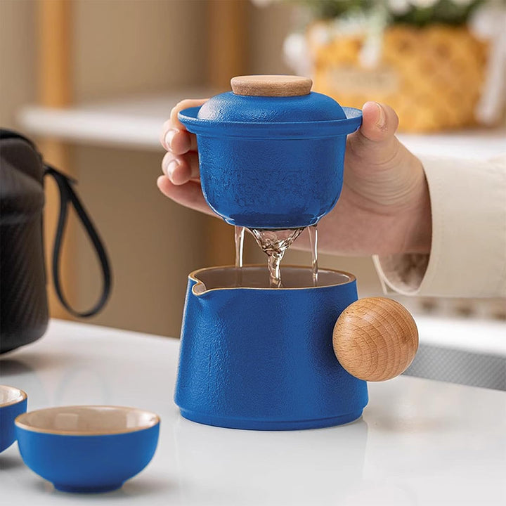 fanquare Porzellan Teeservice Blau Tragbarer Teeservice für unterwegs Chinese Kung Fu Teekanne mit I