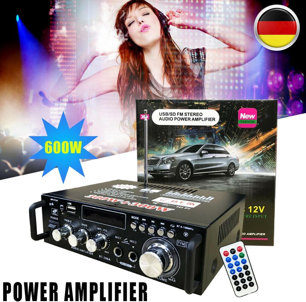 MBUYI HiFi Verstärker mit Bluetooth, Stereo Audio Receiver mit 2 Mikrofoneingang Echo, Amplifier End