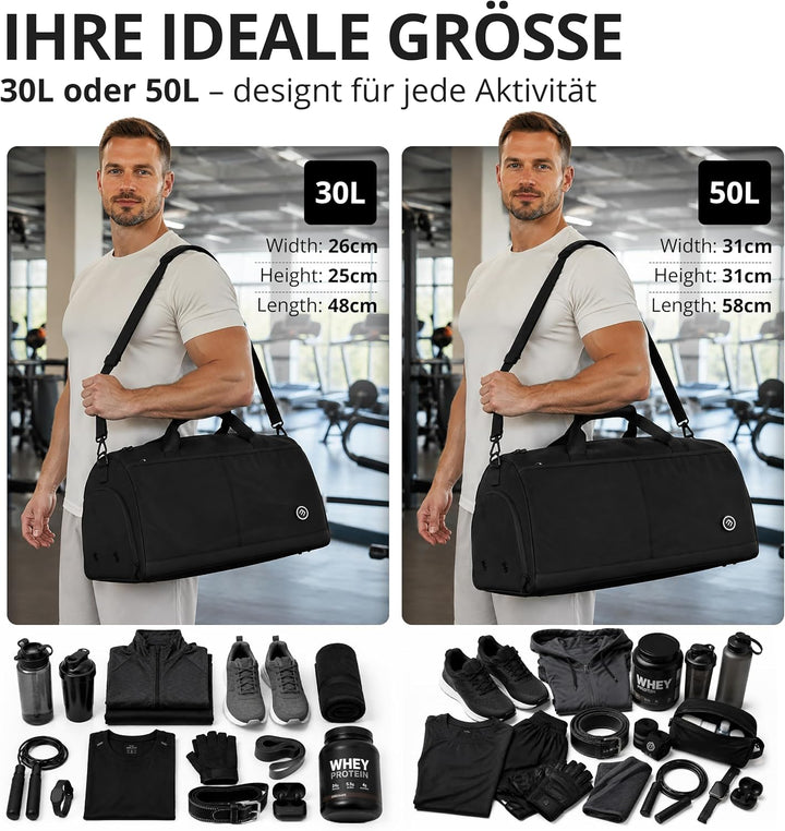Sporttasche Herren Trainingstasche Damen + Schuhfach Nassfach | 40/60L mit Rucksack-Funktion, 30/50L