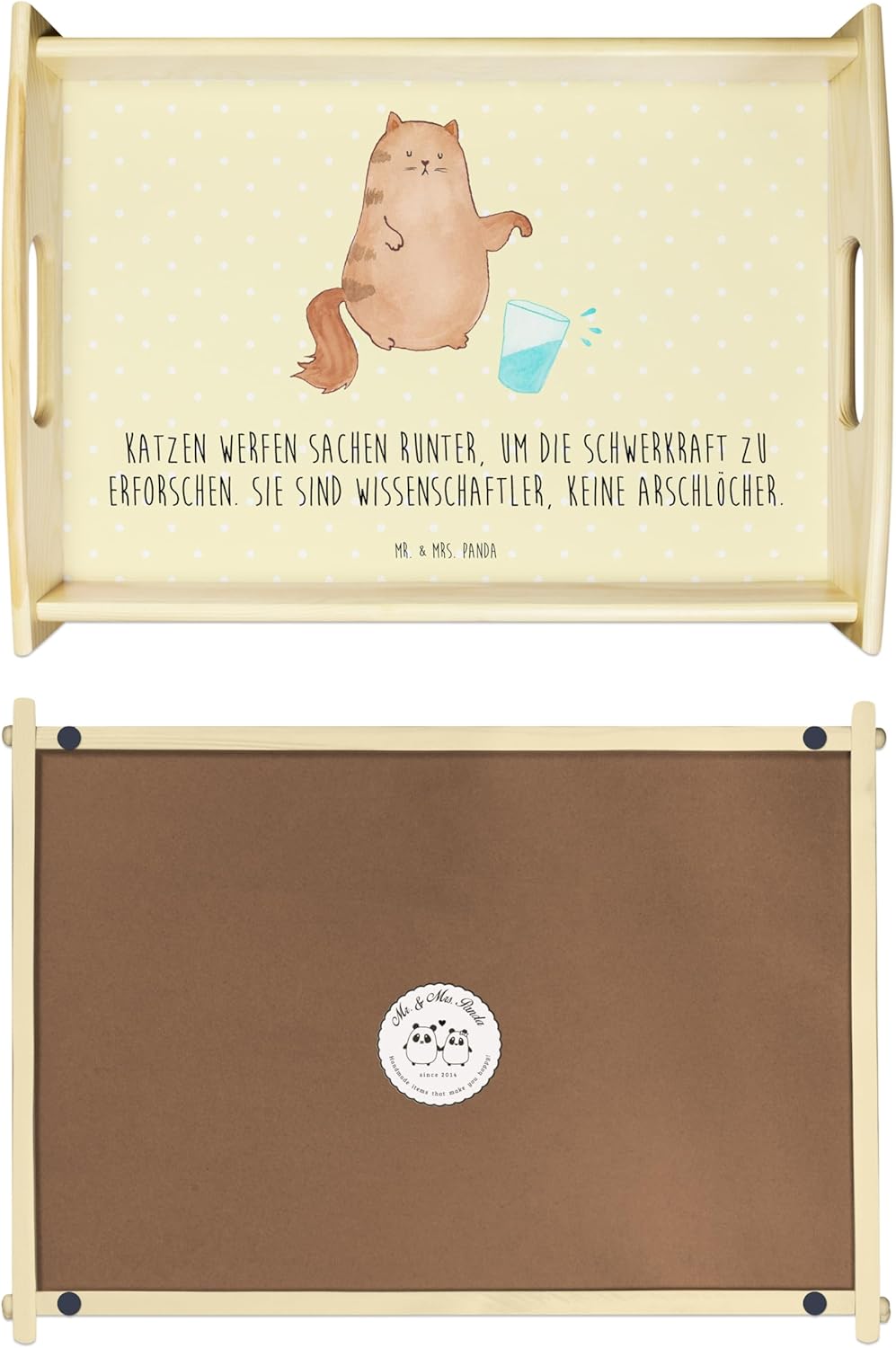 Mr. & Mrs. Panda tablett aus Holz Katze Wasserglas - Geschenk, Frühstückstablett, Glas, kaffeetablet