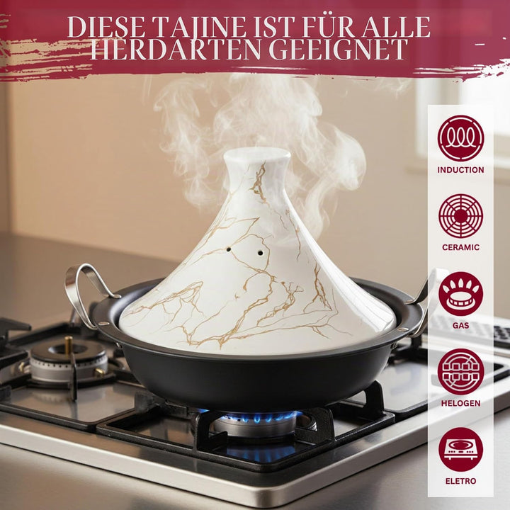Royal Swiss Tajine 38 cm – Edelstahl mit Keramikdeckel & Dampfventil | Für Induktion, Gas, Ofen & Mi