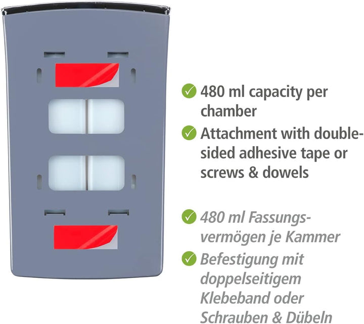 WENKO 2-Kammer Desinfektionsmittel- und Seifenspender Tartas Chrom, hygienischer Wand-Spender für De