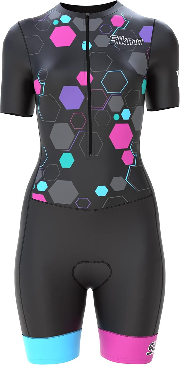 Radsport-Skinsuit für Damen, gepolstert, einteilig, Trisuit, Bike-Top, kurz, sublimiertes Design, Tr