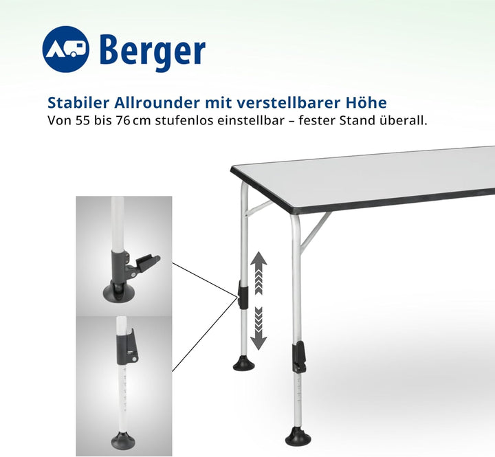 BERGER praktisch Ivalo 2 Campingtisch - Klapptisch höhenverstellbar 115x70cm Alu klappbar Camping Ti