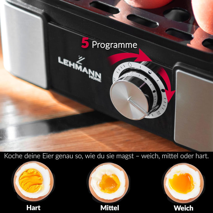 LEHMANN Eierkocher Edelstahl bis zu 6 Eier - Egg Cooker mit Härtegradeinstellung und Signalton - Per