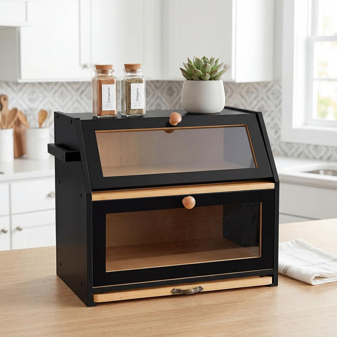 HUOLE Brotkasten Bambus 2 Etagen Brotkasten Küchenorganizer Brotkasten Holz Brotkasten mit Sichtfens