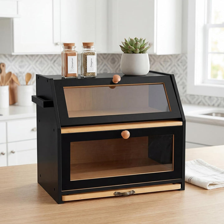 HUOLE Brotkasten Bambus 2 Etagen Brotkasten Küchenorganizer Brotkasten Holz Brotkasten mit Sichtfens