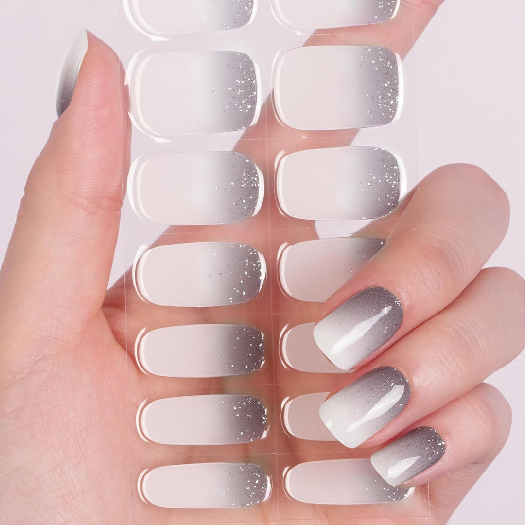 DANNI & TONI Halb ausgehärtete Gel Nagelfolien (Ash Dream) Grau-Verlauf Silber-Glitzer uv Gel Nagelf