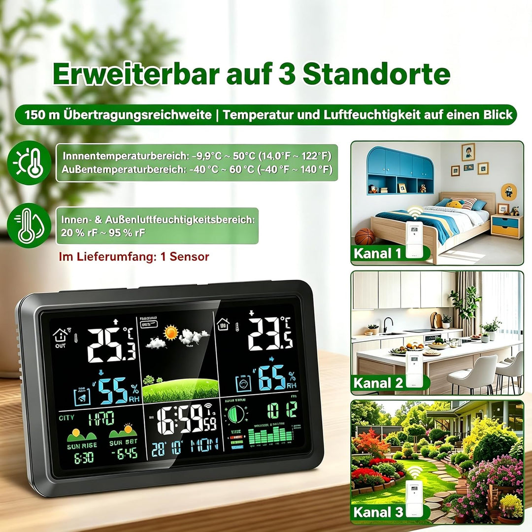 Wetterstation Funk mit Aussensensor 10-IN-1, Innen und Aussen Temperatur- und Luftfeuchtigkeitsmessu