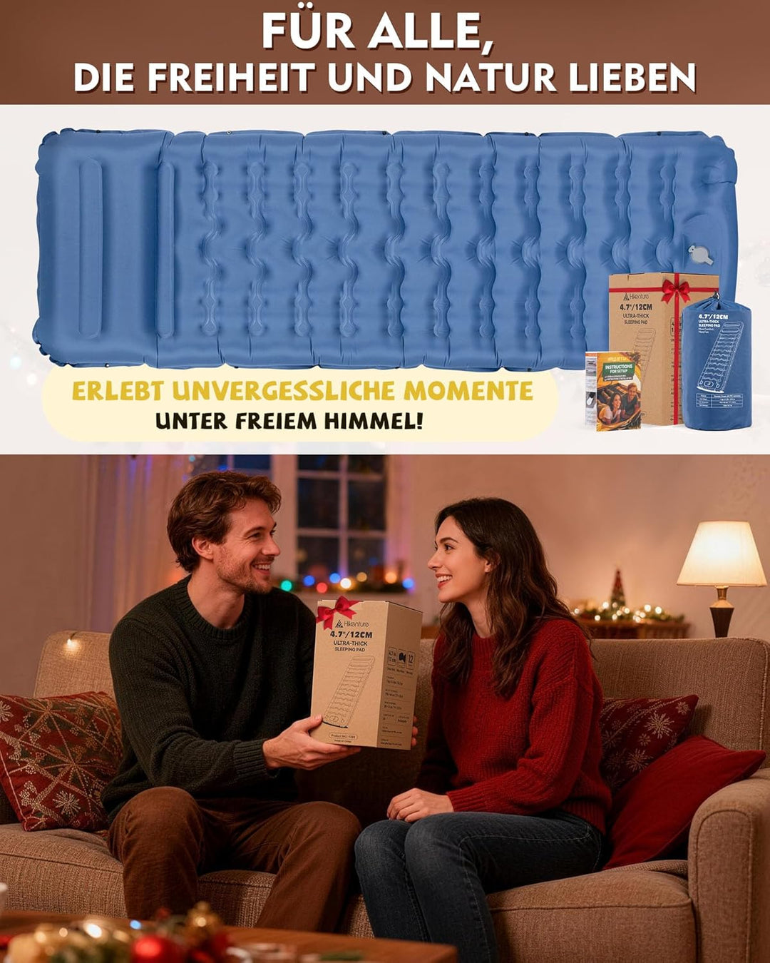 HIKENTURE Isomatte Camping, 12CM Ultradicke Isomatte Ultraleicht mit Kissen, Aufblasbare Matratze Kl