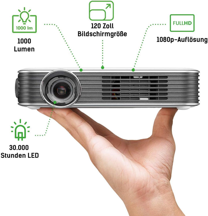 vivitek Qumi Q8, kompakter Full HD-Projektor im Taschenformat, LED Beamer, 1.000 Lumen, Wireless, 19