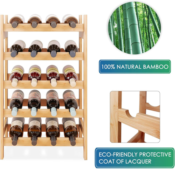 SMIBUY Bambus-Weinregal, 20 Flaschen-Display-Halter, 5-stöckige freistehende Lagerregale für Küche,