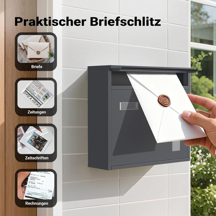 Wiltec Briefkasten V12 Anthrazit 360 x 115 x 320 mm, Wandbriefkasten mit Schloss, Sichtfenstern und