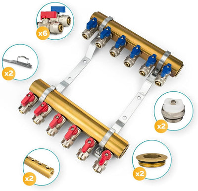 Messing Heizkreisverteiler 6 Heizkreise Set mit 12 x PEX Kugelhahn mit Klemmring 16mm x 1/2" AG & 2