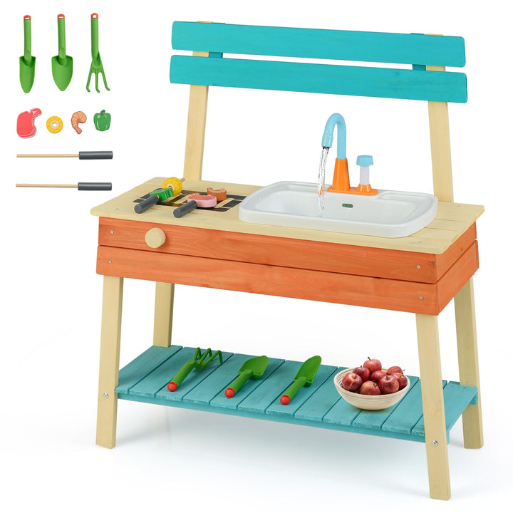 COSTWAY Matschküche Kinder Outdoor, Kinderküche Holz mit Wasserhahn & Grill, inkl. Holzspiessen, Leb