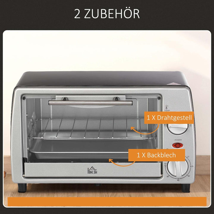 HOMCOM Mini Backofen 10 Liter 750W Kleiner Elektrobackofen mit Temperatur bis zu 230 ℃ Timer 60 Minu