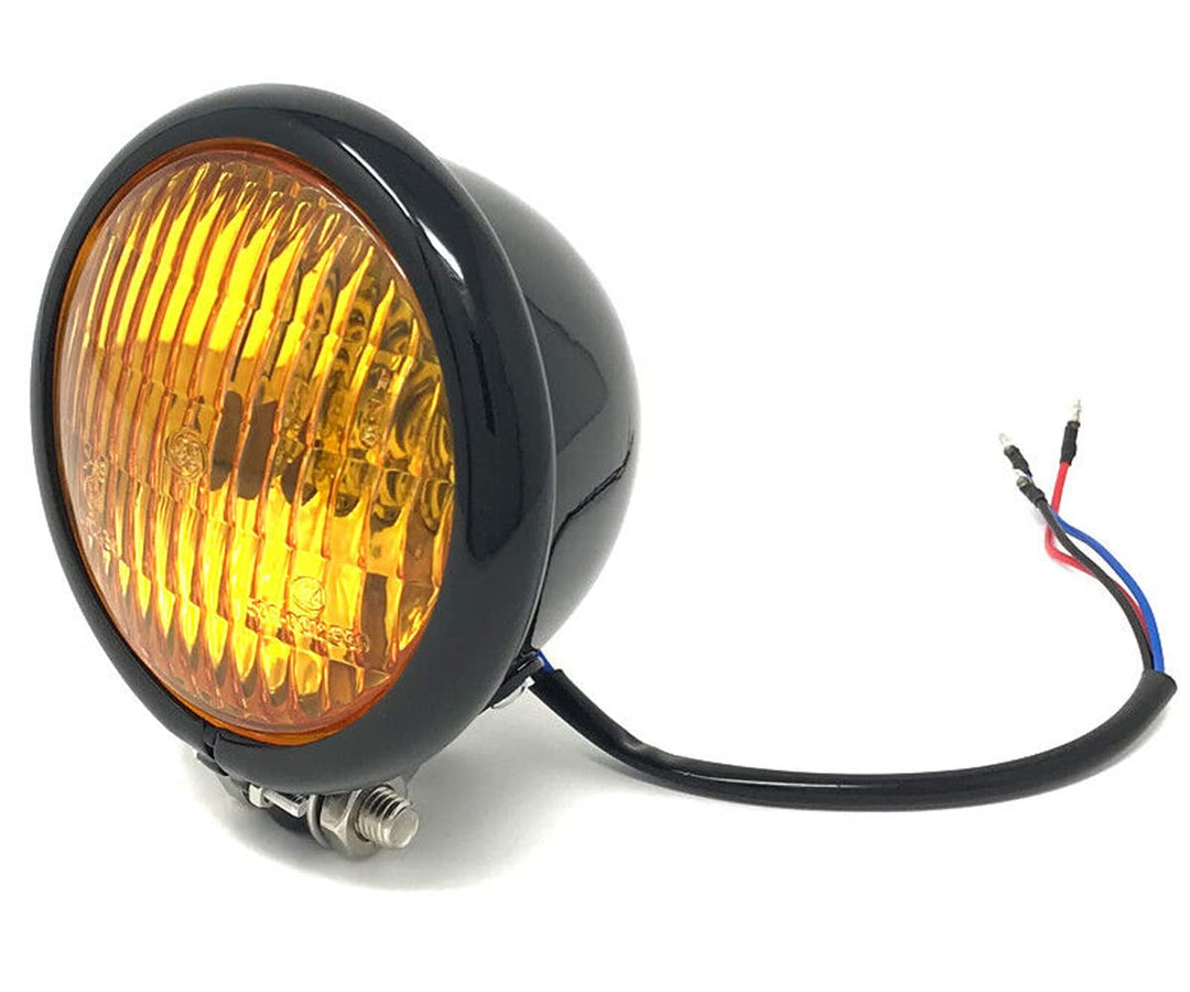 120 mm Universal-Motorradscheinwerfer in SCHWARZ mit gelber Linse für Chopper, Bobber, Cafe Racer, S