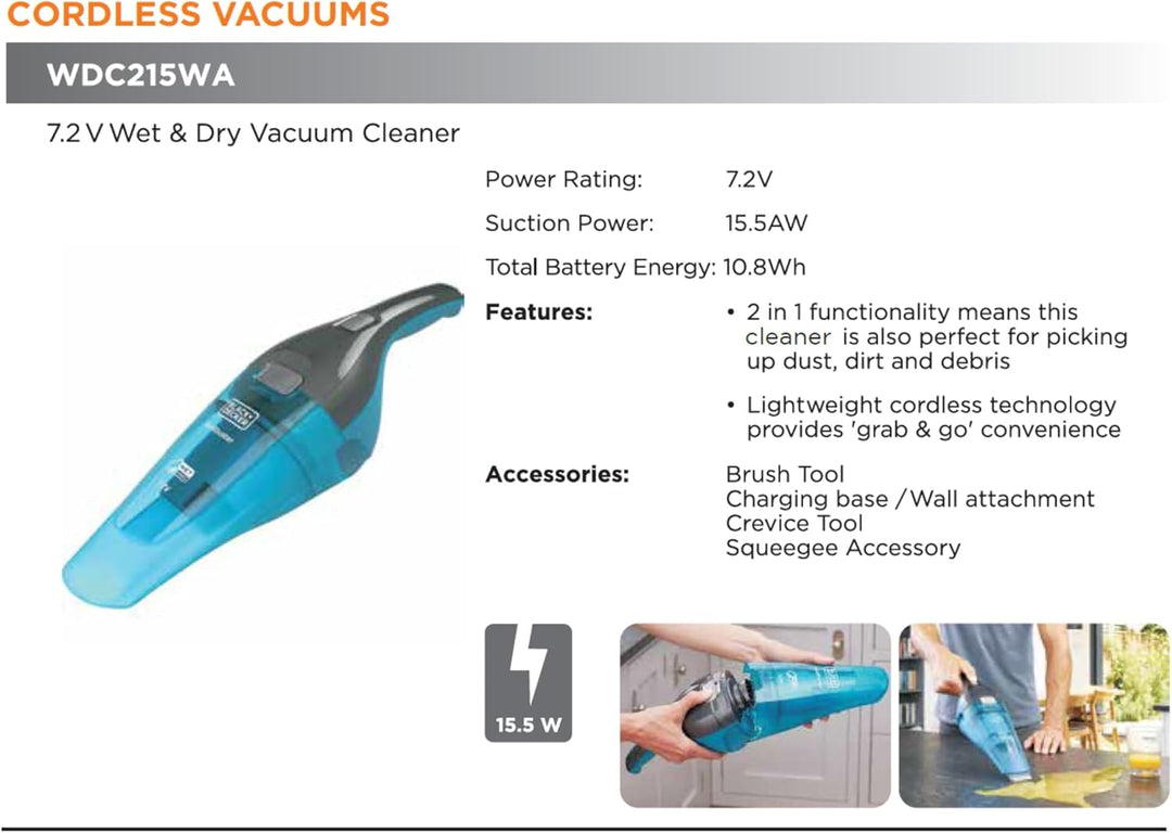 Black+Decker WDC215WA WDC215WA-QW, Tischstaubsauger, Blau, Titan, 10.8 W, 0.385 liters, 65 Dezibel