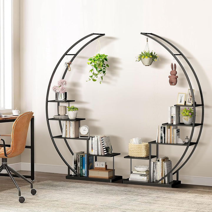 Ribelli 5-stufiger Metall-Pflanzenständer in Halbmondform 172cm, Pflanzenregal mit 5 Ablagen &amp; Haken