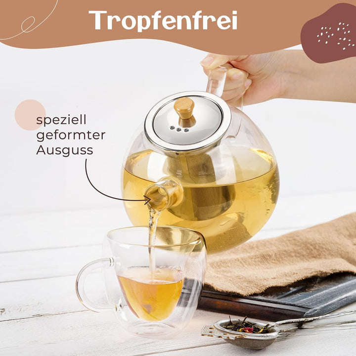 Glas Teekanne mit Siebeinsatz - 1,5 Liter - Erhöhte Glasstärke - Teekanne Glas - Teezubereiter für L