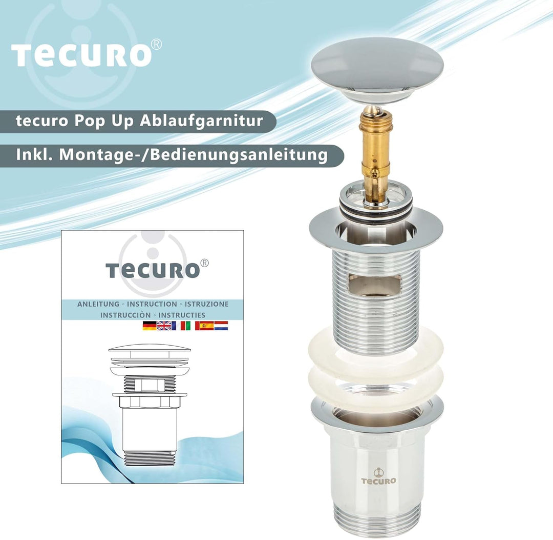 tecuro Pop-Up Ablaufgarnitur 1 1/4 Zoll Anschluss für Waschbecken und Waschtische, Universalgrösse f