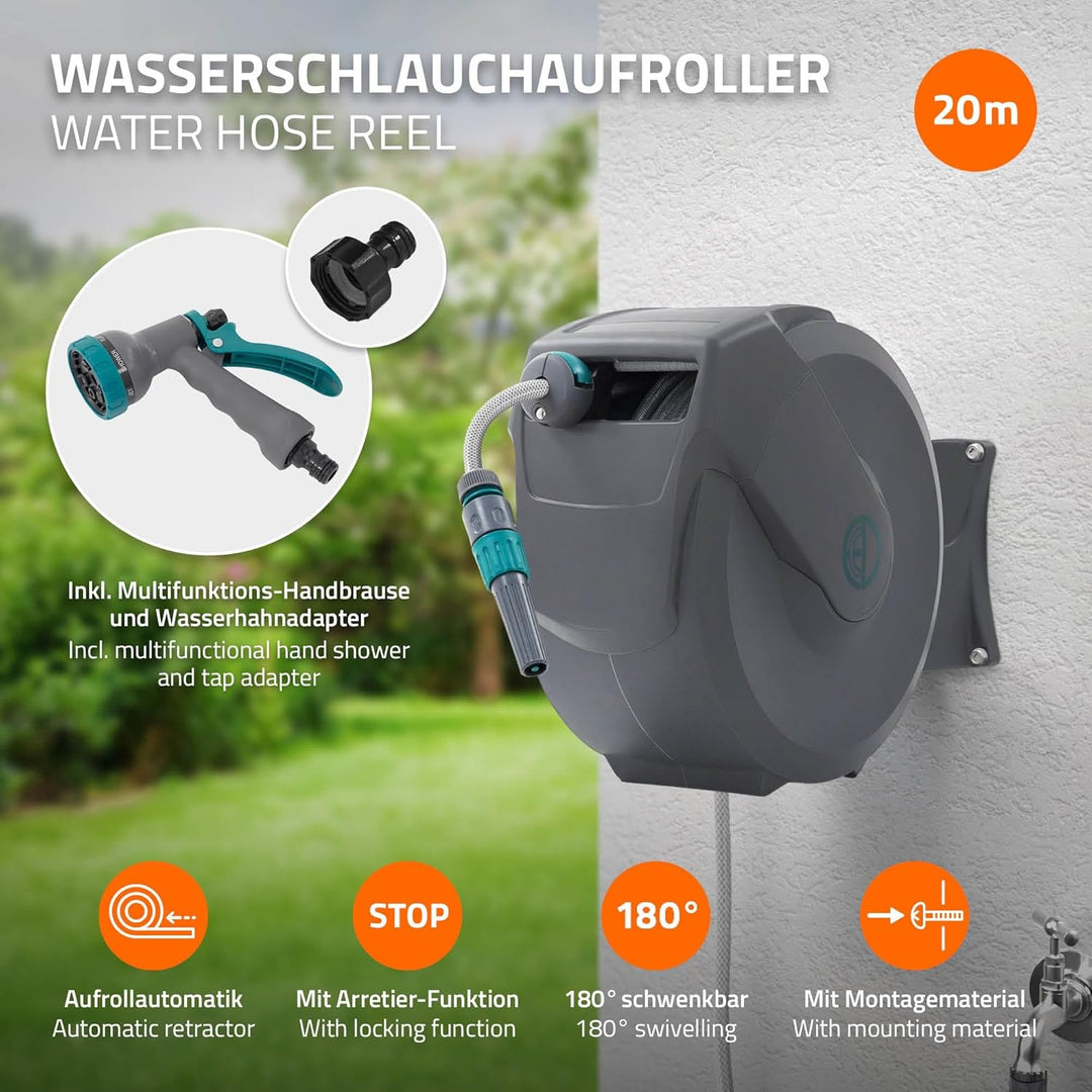 ECD Germany Schlauchaufroller 20m+2m, Schlauchtrommel, Wand-Schlauchbox RollUp mit Arretierstop und