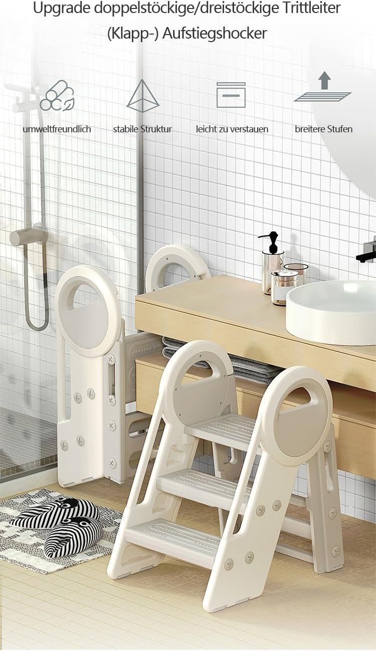 Klappbarer Kindertritt, 2-3 Stufen, 65 cm Höhe, 34x35 cm Trittfläche, bis 75 kg, Weiss/Grau, Kinderl