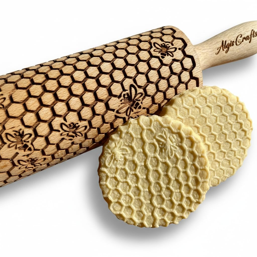 BIENENSTOCK Nudelholz für hausgemachtes Gebäck und Keramik. Präge Teigrolle. Gravierte Nudelholz mit