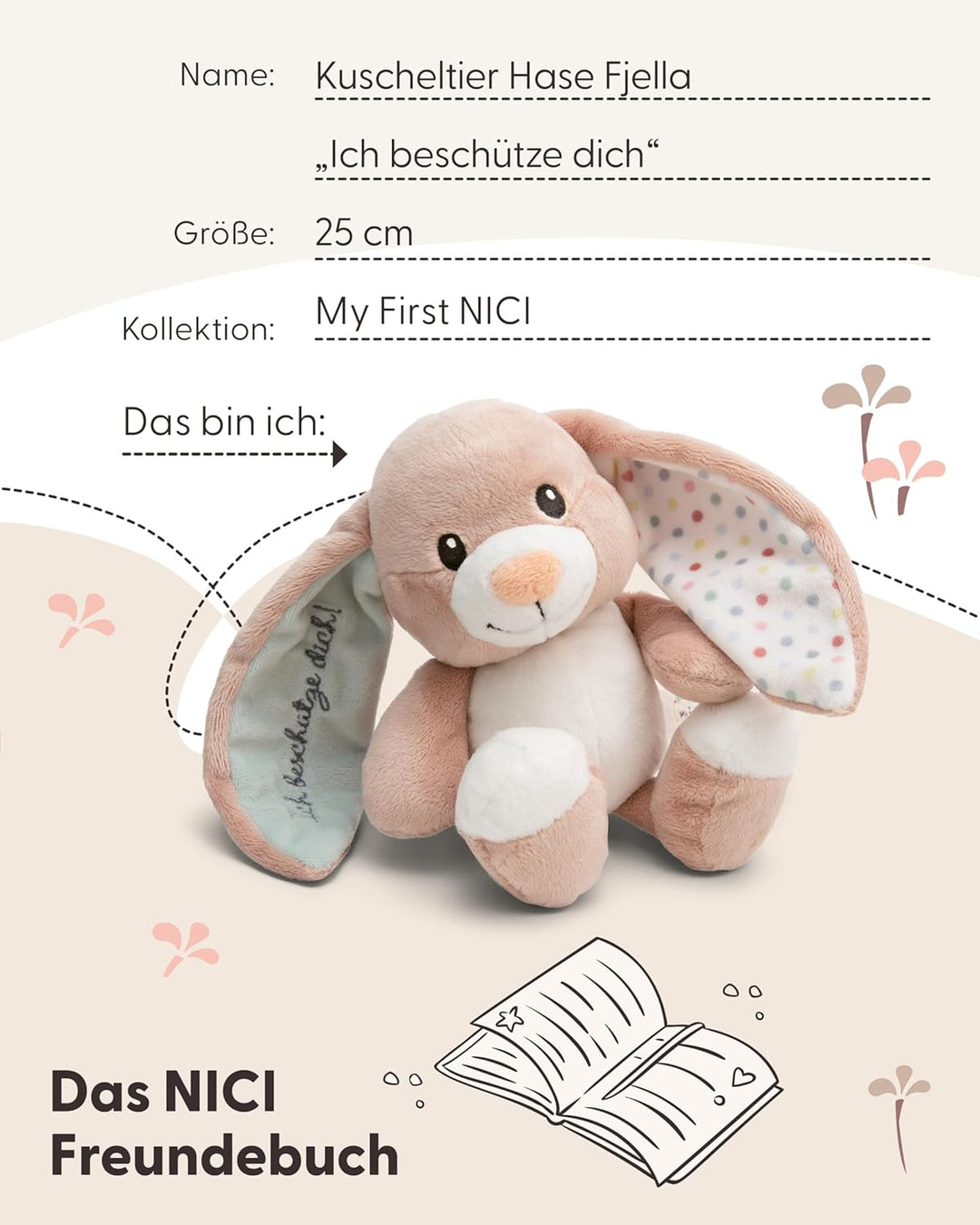 NICI Kuscheltier Hase Fjella Ich beschütze Dich 25cm - rosa - Stofftier aus weichem Plüsch, niedlich